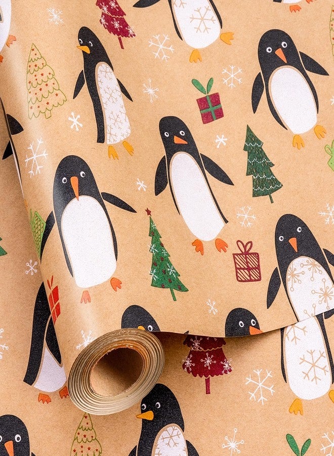 MAYPLUSS Christmas Wrapping Paper Roll - 17IN X 33FT - Kraft Gift Wrapping Paper Featuring Cute Penguin Christmas Tree Snowflake Reversible Cut Lines for Kids, Holiday, New Year - Image 1